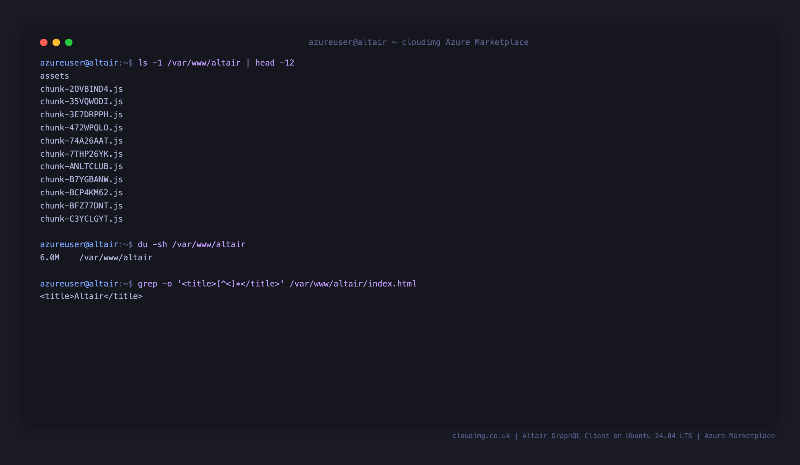The Altair static bundle in the nginx docroot, showing index.html plus the assets directory and the chunk modules