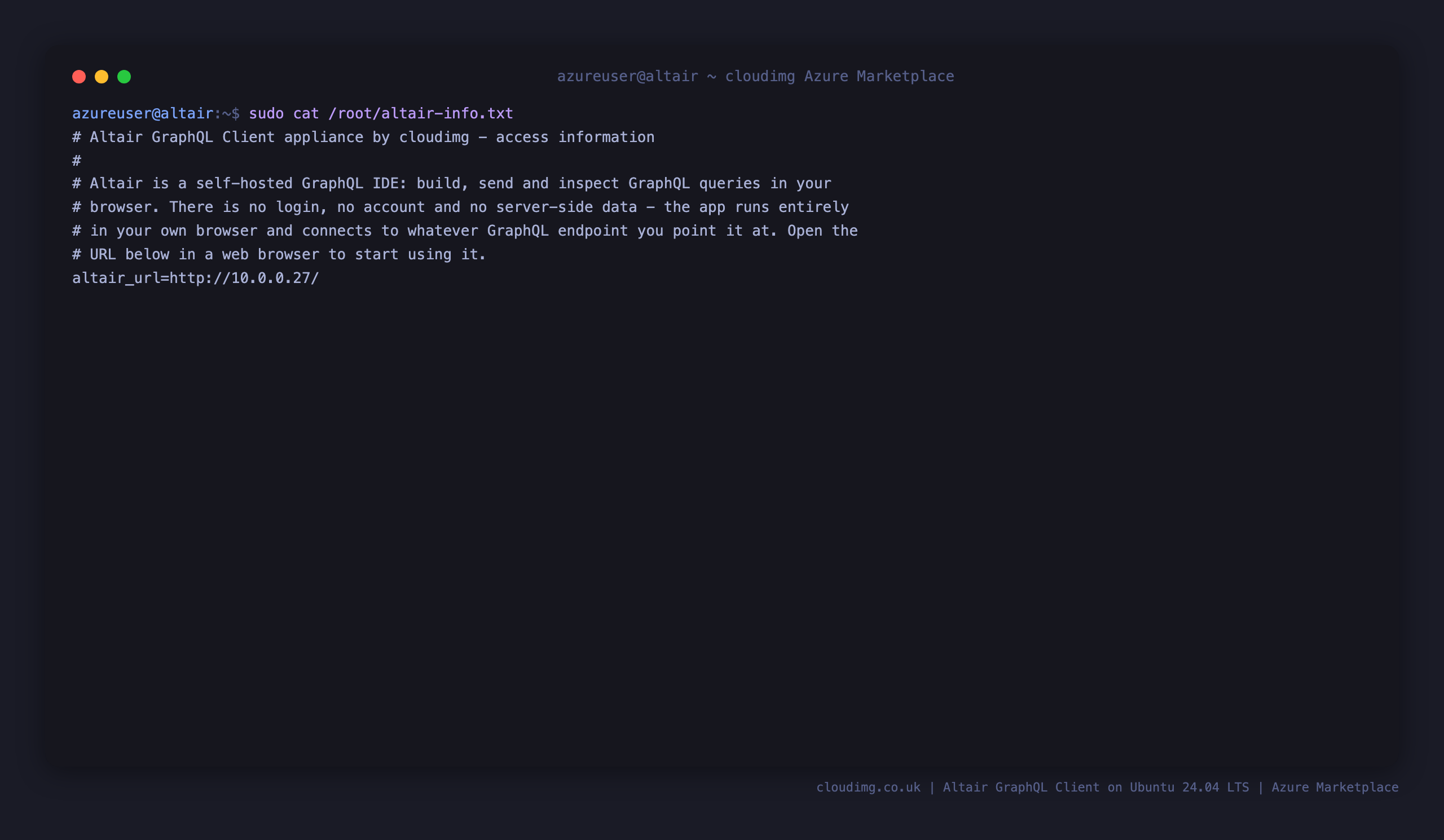 The per-VM Altair access note, recording the URL and confirming no login is required