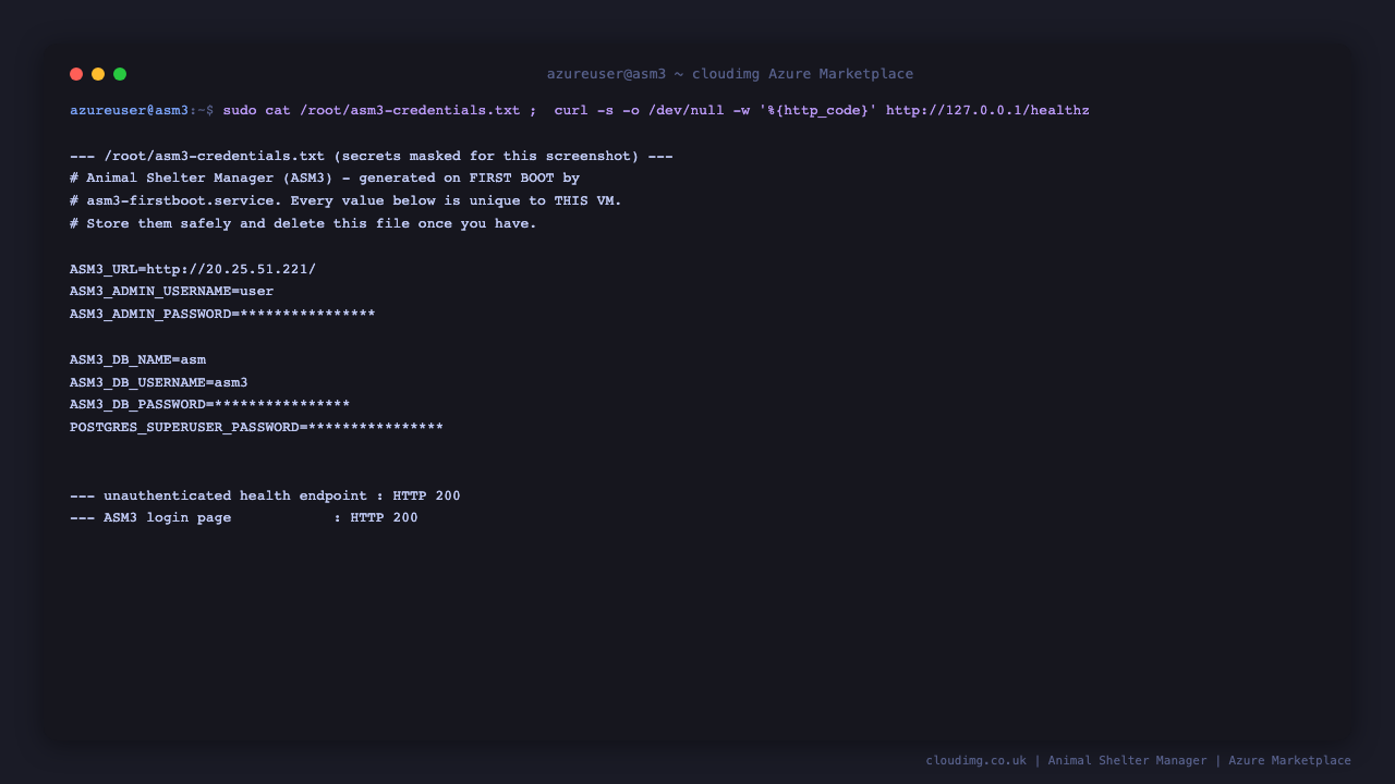 The per-VM credentials file with every secret masked, and the health and login endpoints both returning HTTP 200