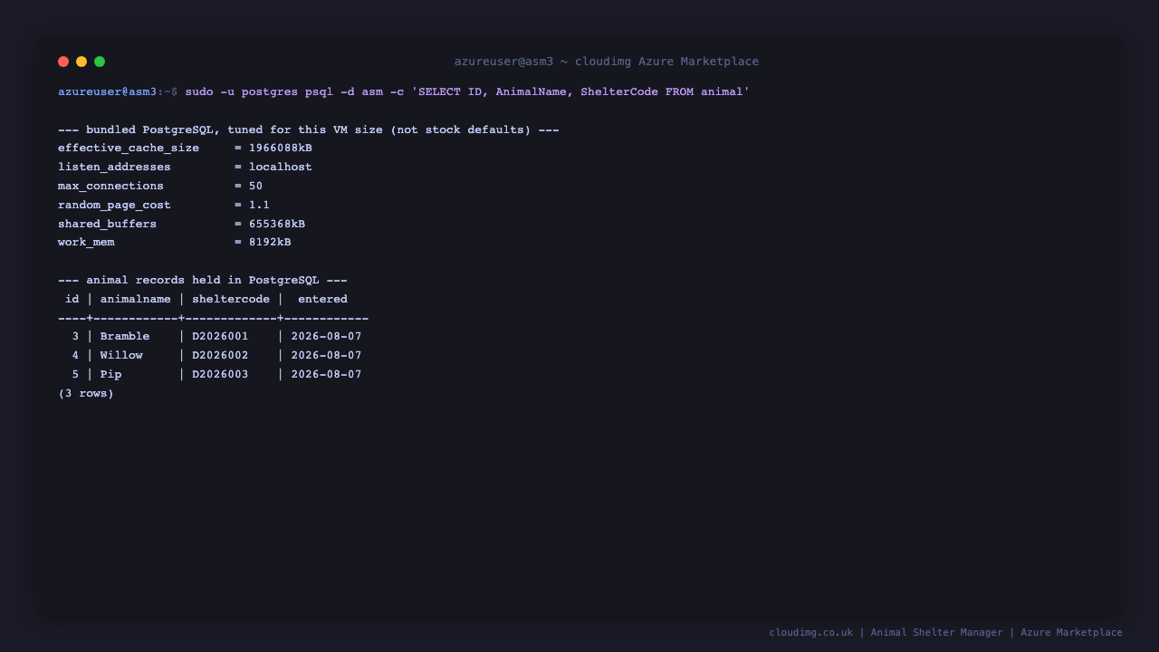 The bundled PostgreSQL tuning applied by the image, and the animal records held in the asm database