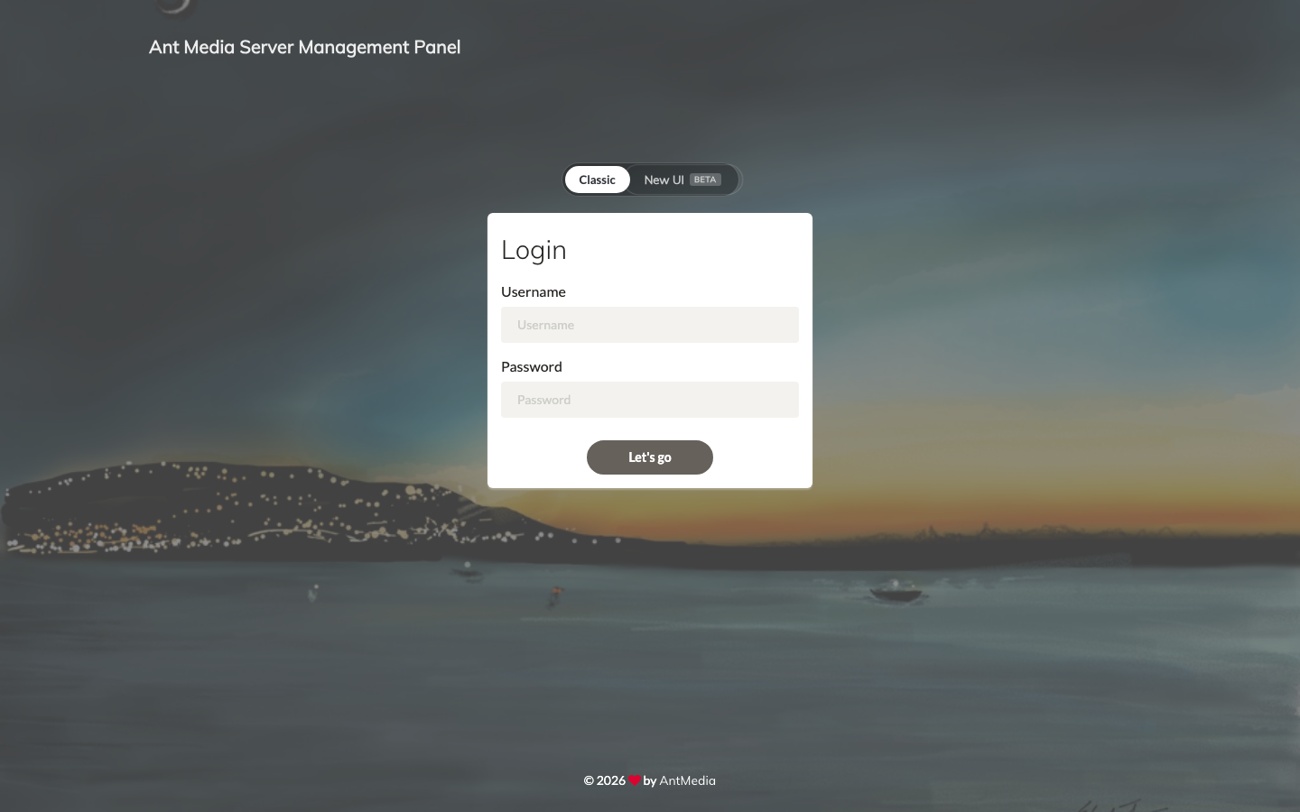 The Ant Media Server management panel sign in page with the Classic and New UI switch and the user name and password fields