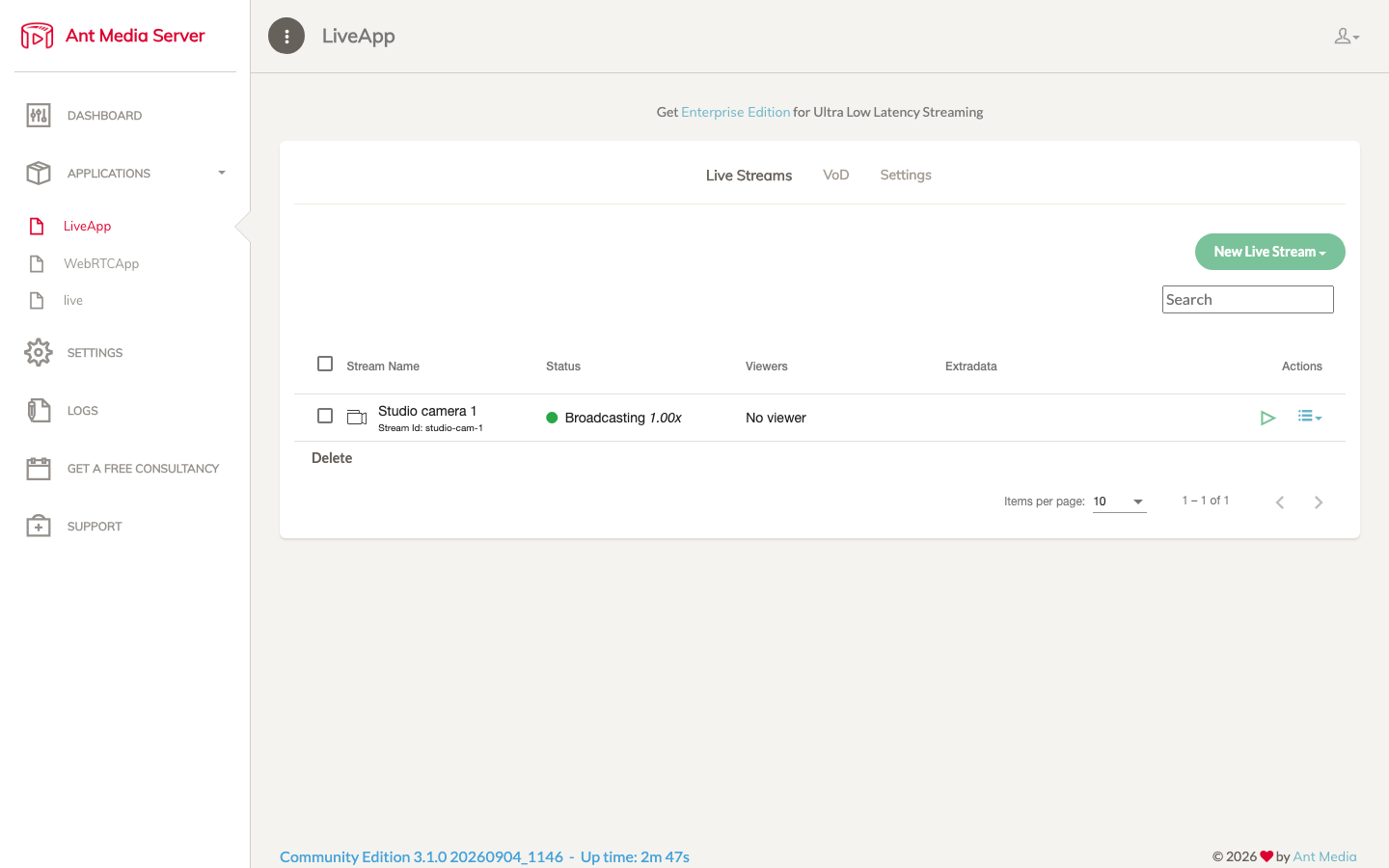 The LiveApp live streams page in the Ant Media Server panel with the stream Studio camera 1 broadcasting at 1.00x speed
