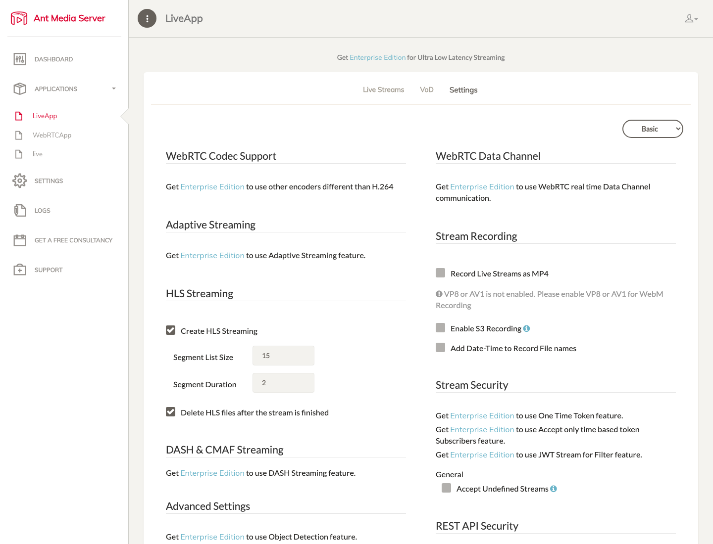 The LiveApp settings tab showing HLS streaming enabled with segment settings, MP4 recording options, and Accept Undefined Streams switched off