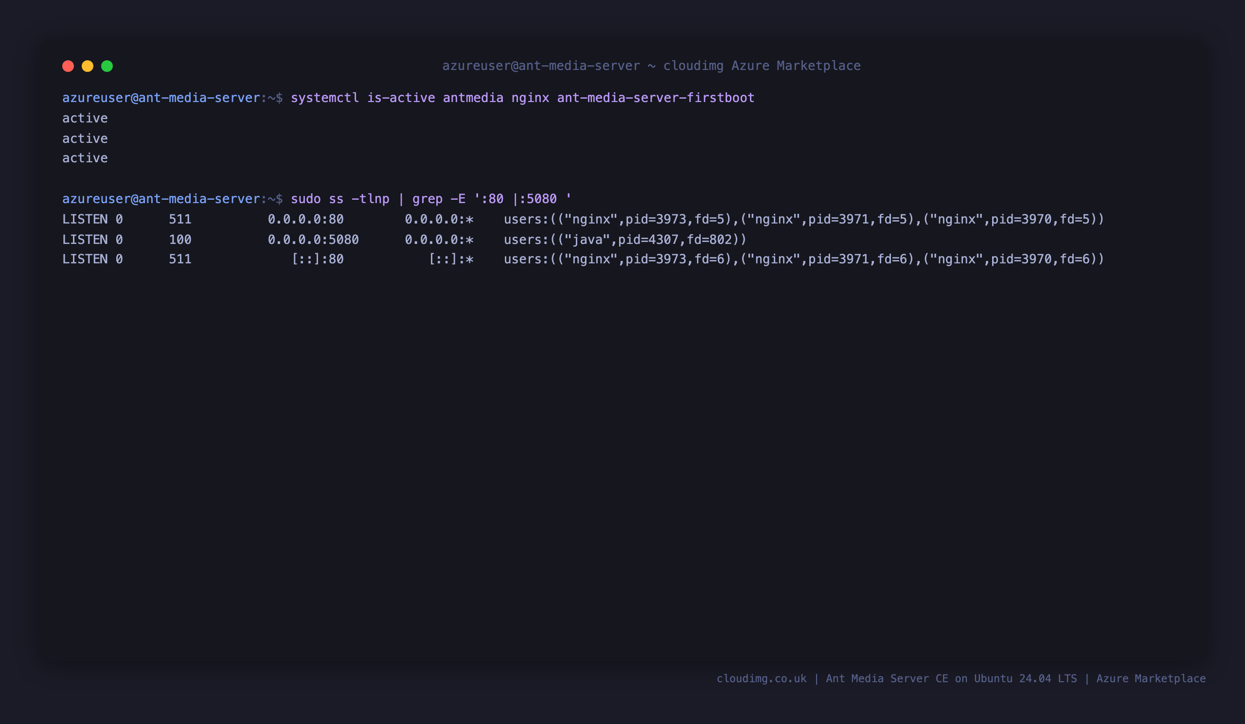 Terminal showing the antmedia, nginx and ant-media-server-firstboot units active, with antmedia on 5080 and nginx on 80