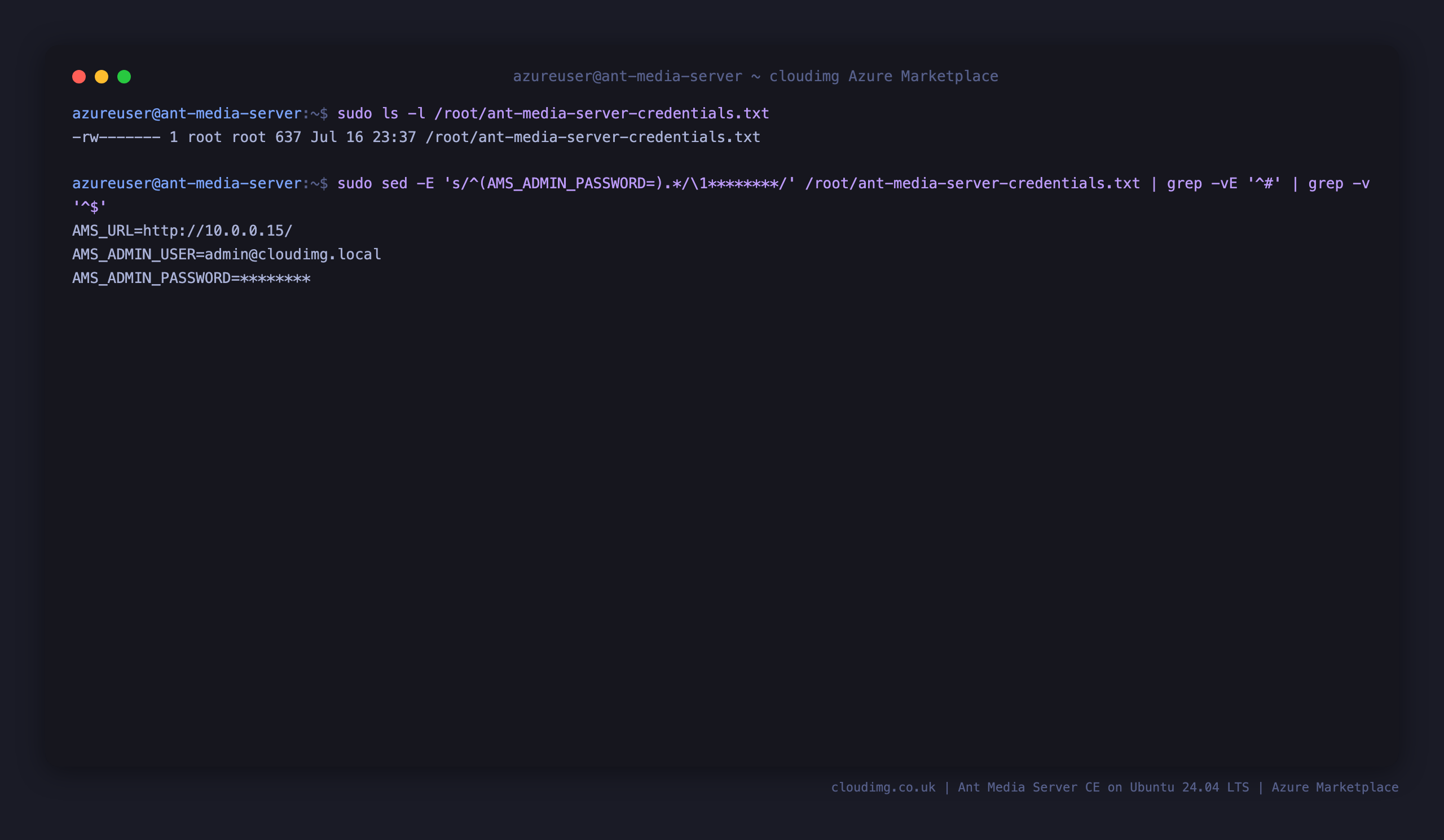 Terminal showing the credentials file is 0600 root:root, with the per VM admin password value redacted