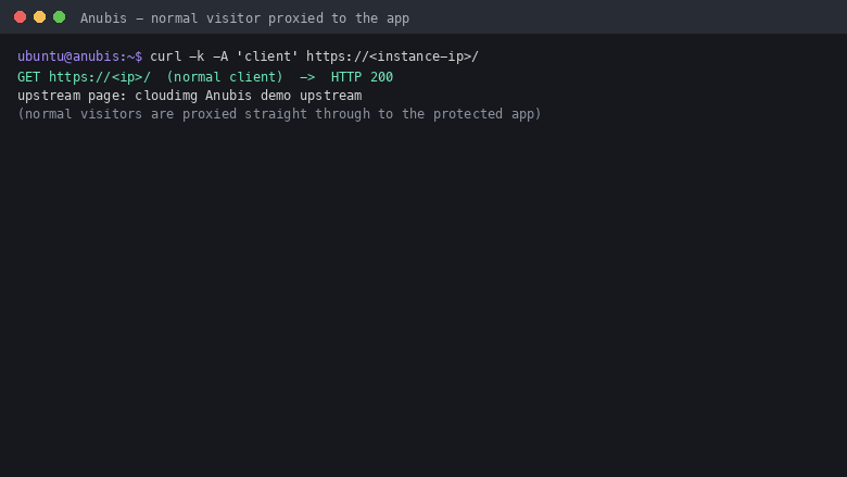 A normal request through the Anubis Web AI Firewall returning HTTP 200 and reaching the protected demo upstream, showing legitimate human traffic is allowed straight through to the application