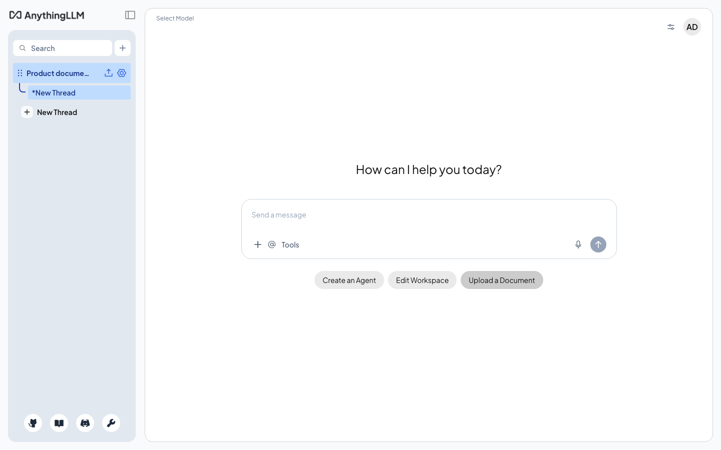 A new workspace named Product documentation with an empty chat thread