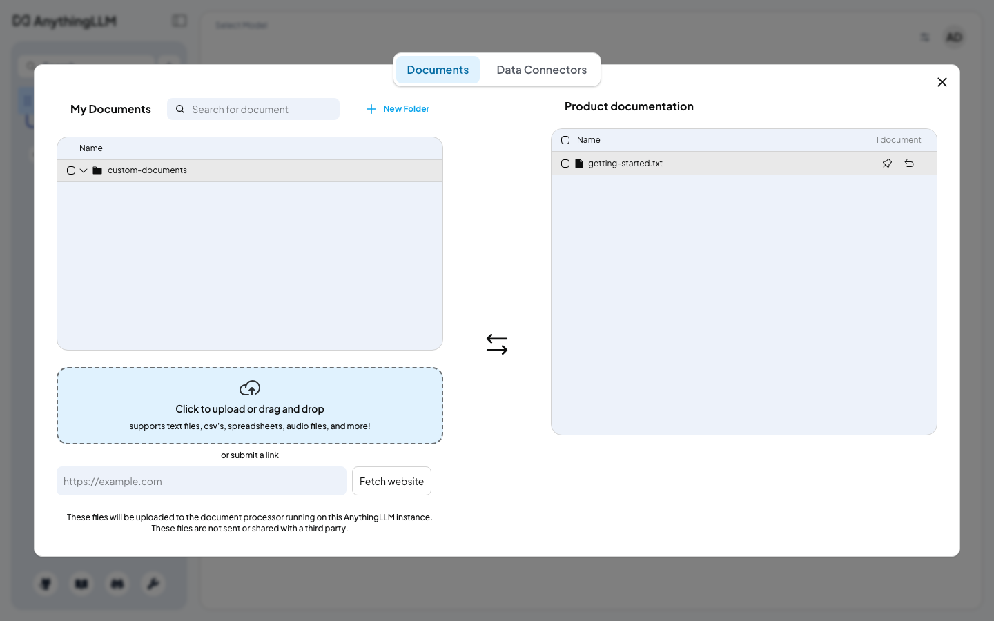 The document manager with getting-started.txt embedded into the Product documentation workspace