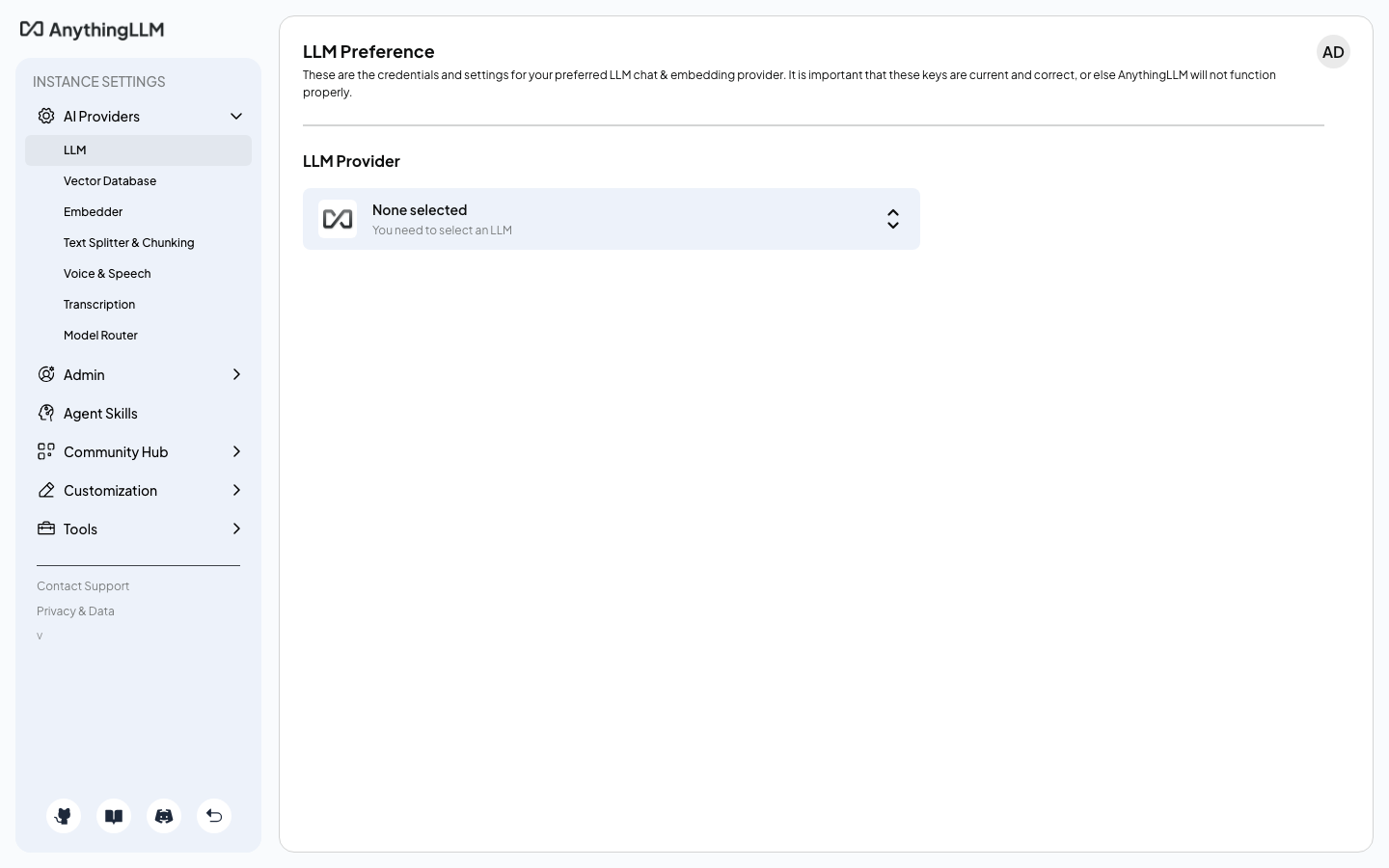 The LLM Preference settings page with no provider selected yet