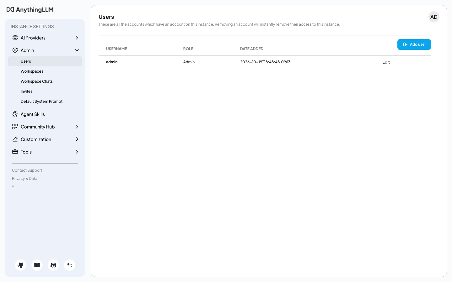 The Users page listing the admin account with the Add user button