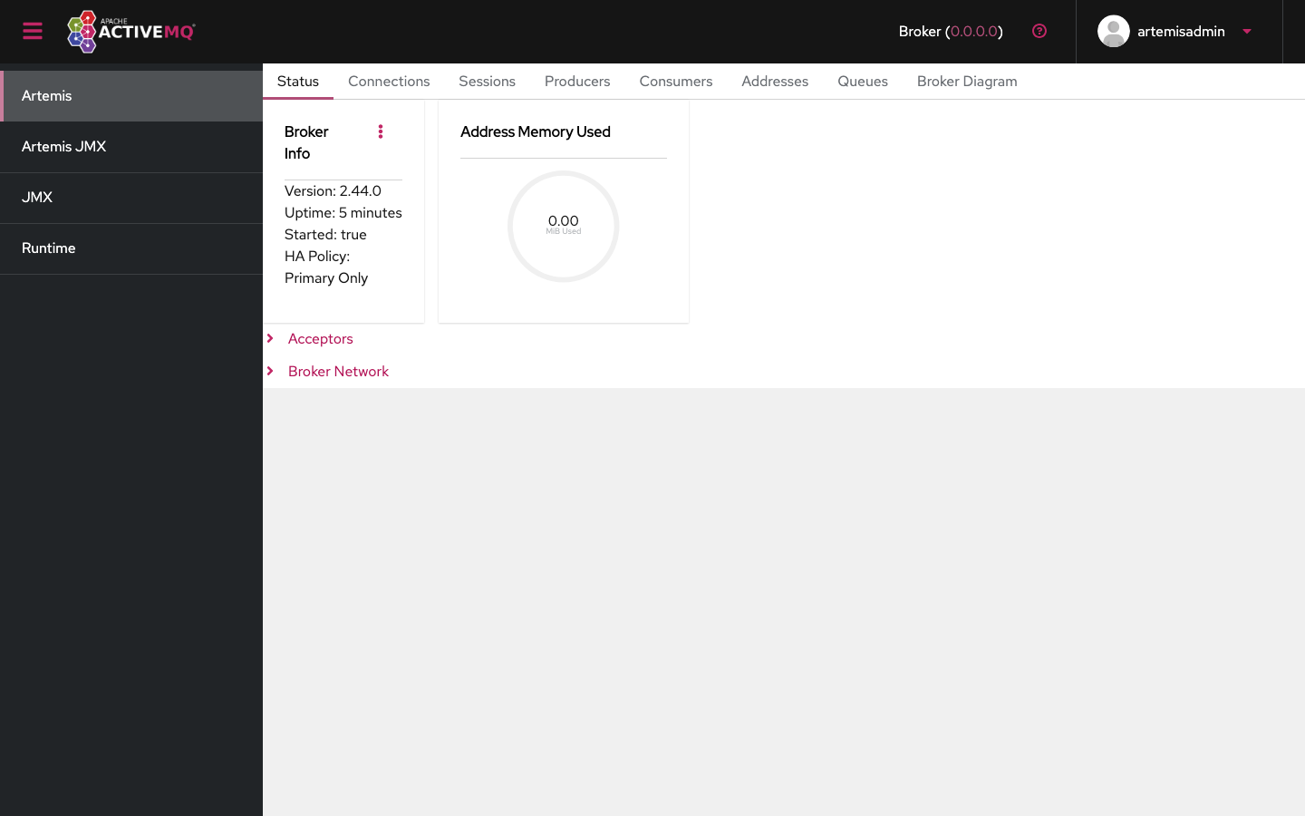 Broker queues overview in the Artemis console