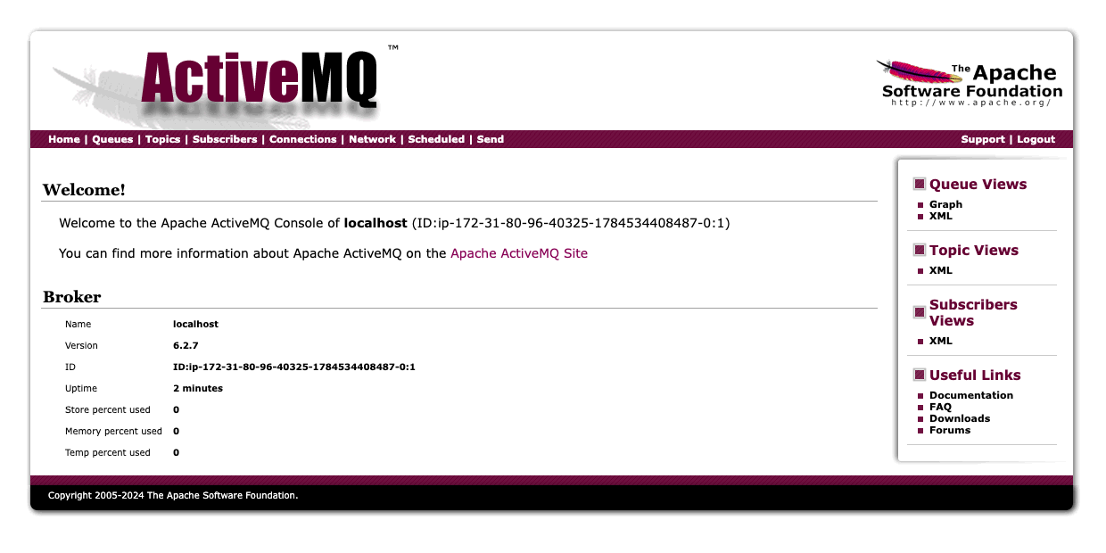 ActiveMQ Classic management console home view showing broker name, version 6.2.7, uptime and store utilisation