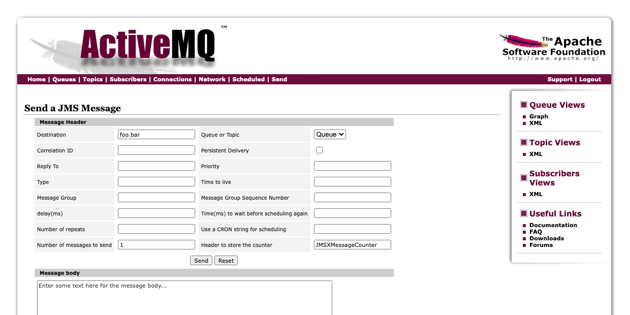 ActiveMQ Classic send message form for publishing a test message to a queue or topic