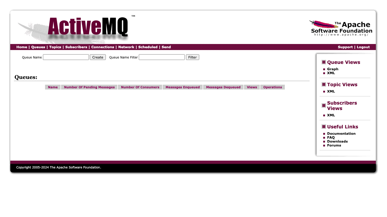 Queues view in the ActiveMQ web console