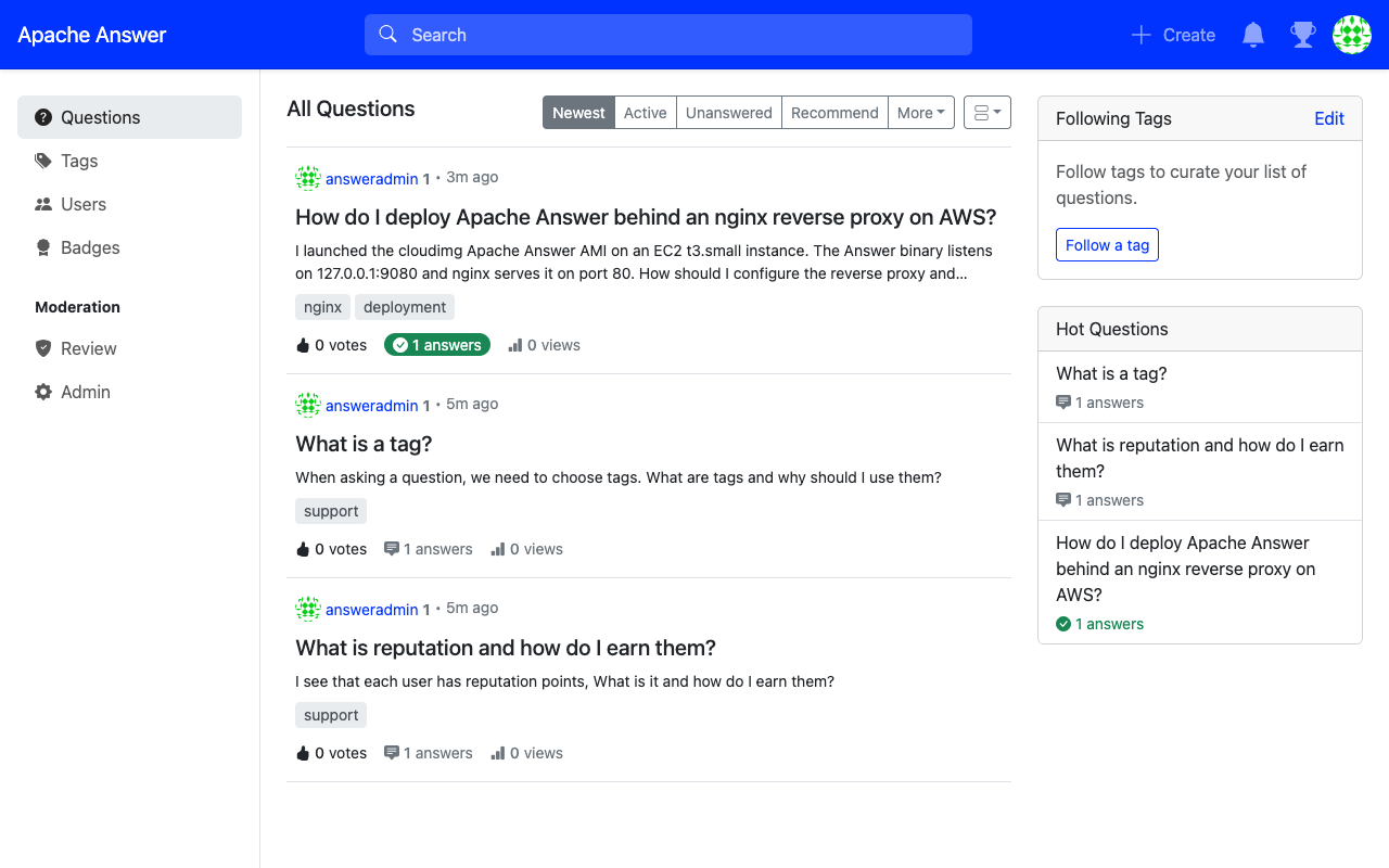 The Apache Answer questions list served on port 80