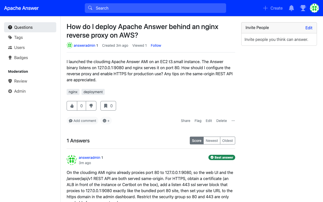 An Apache Answer question detail page with an answer