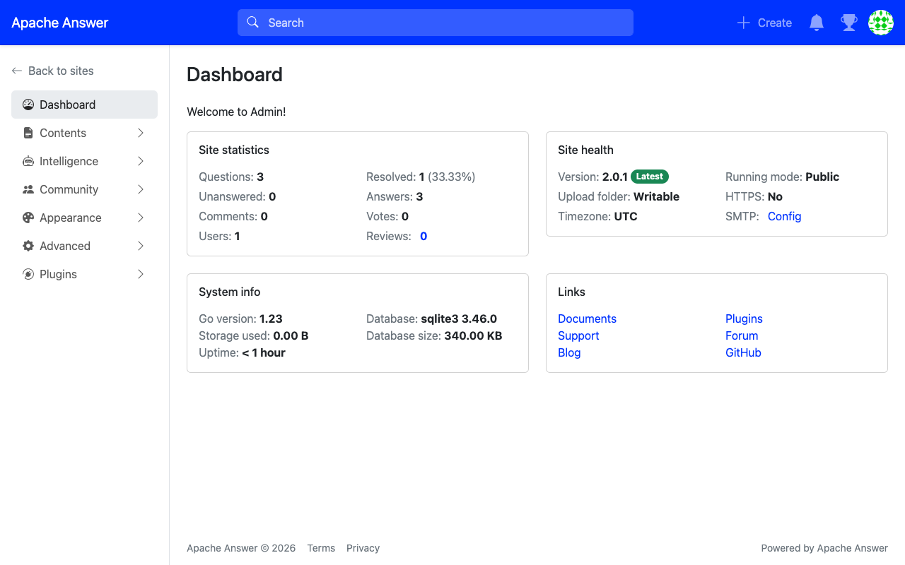 The Apache Answer administration dashboard