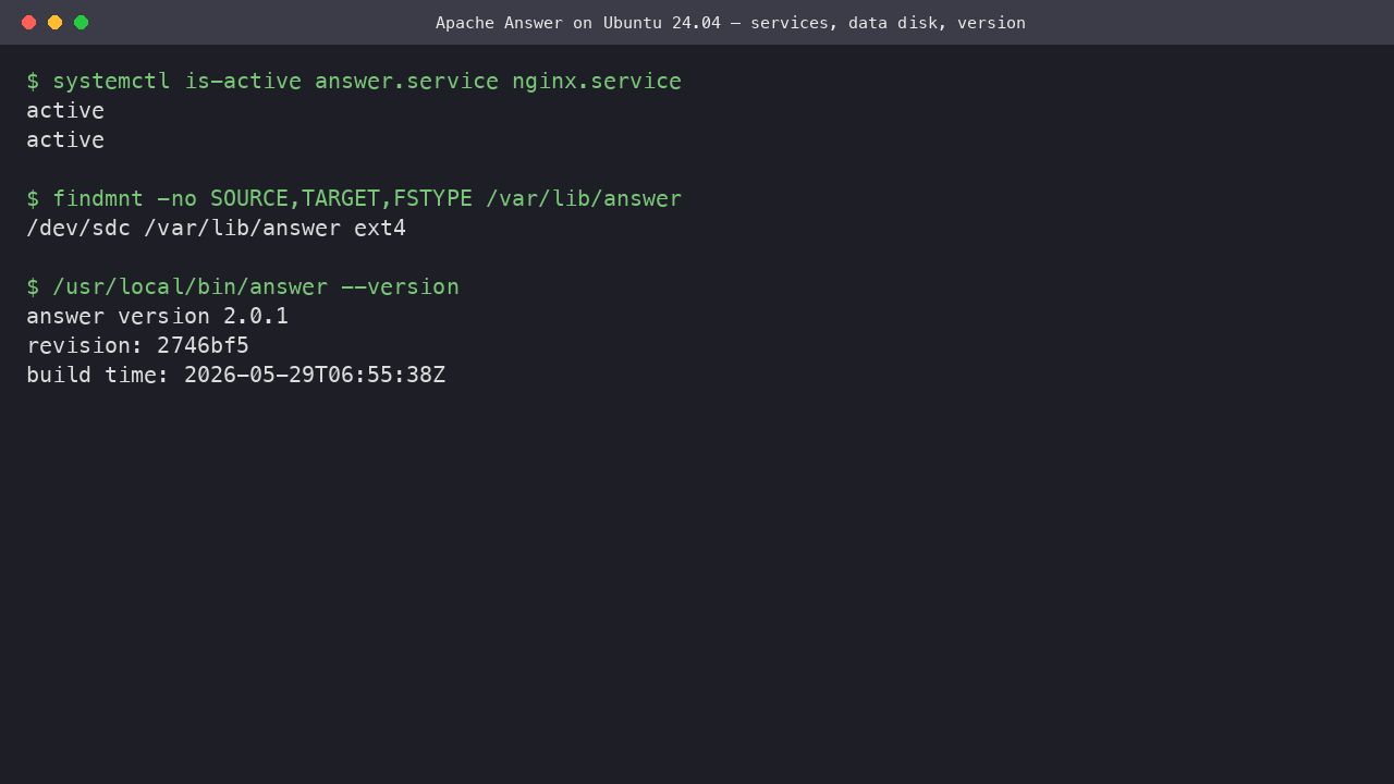 answer.service and nginx.service active, the dedicated data disk mounted, and the Answer version