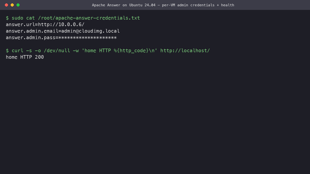 The per-VM admin credentials file and the home page returning HTTP 200