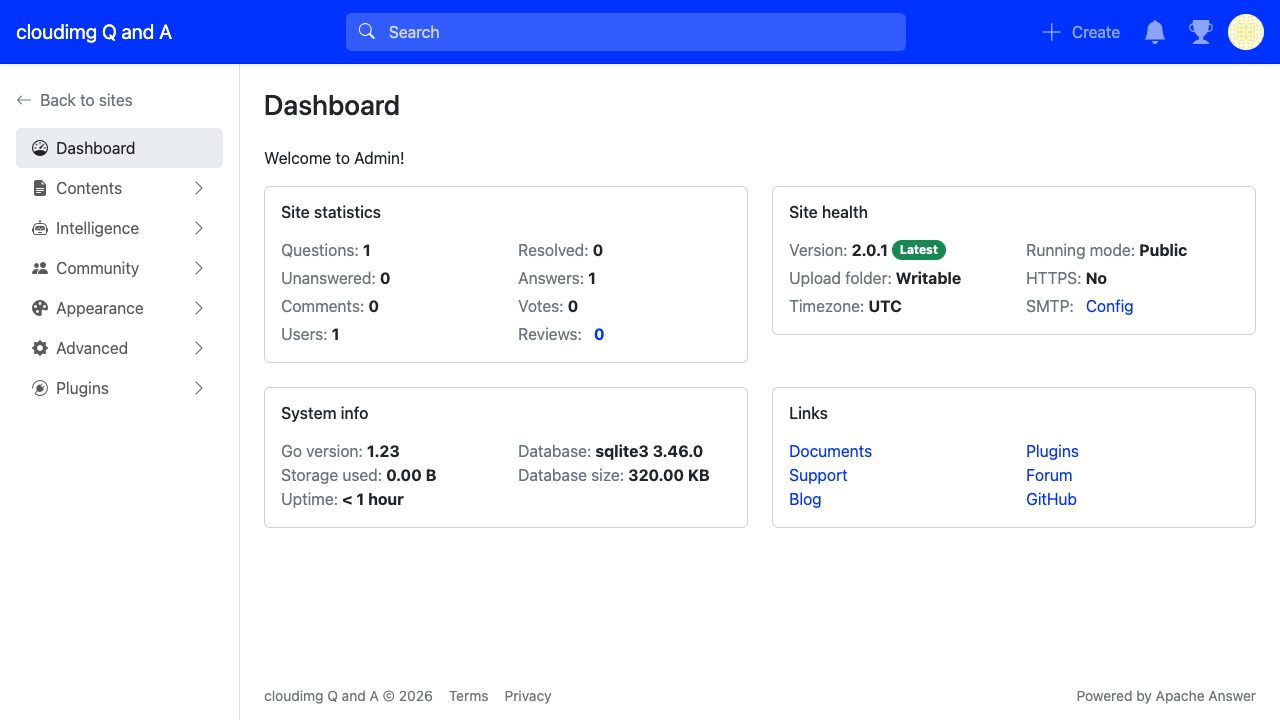 The Apache Answer admin dashboard showing site statistics and health