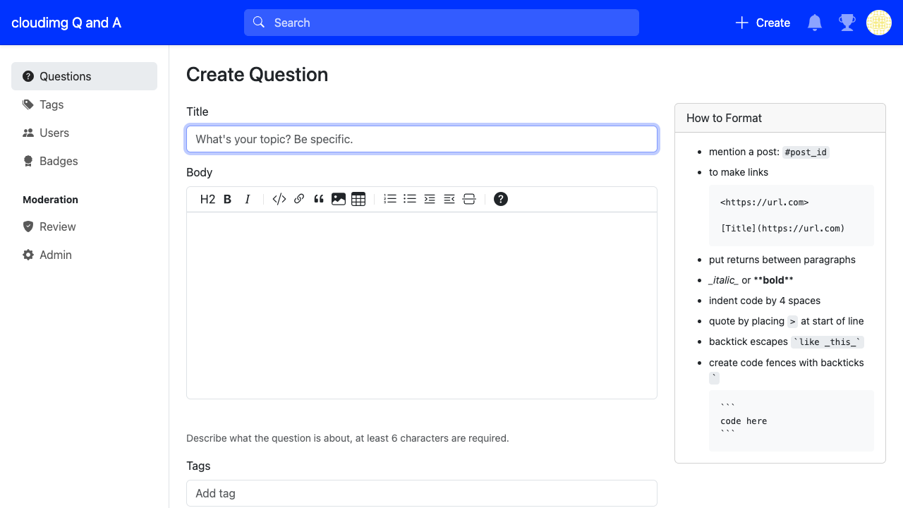 The Apache Answer create-question view with the Markdown editor and tags