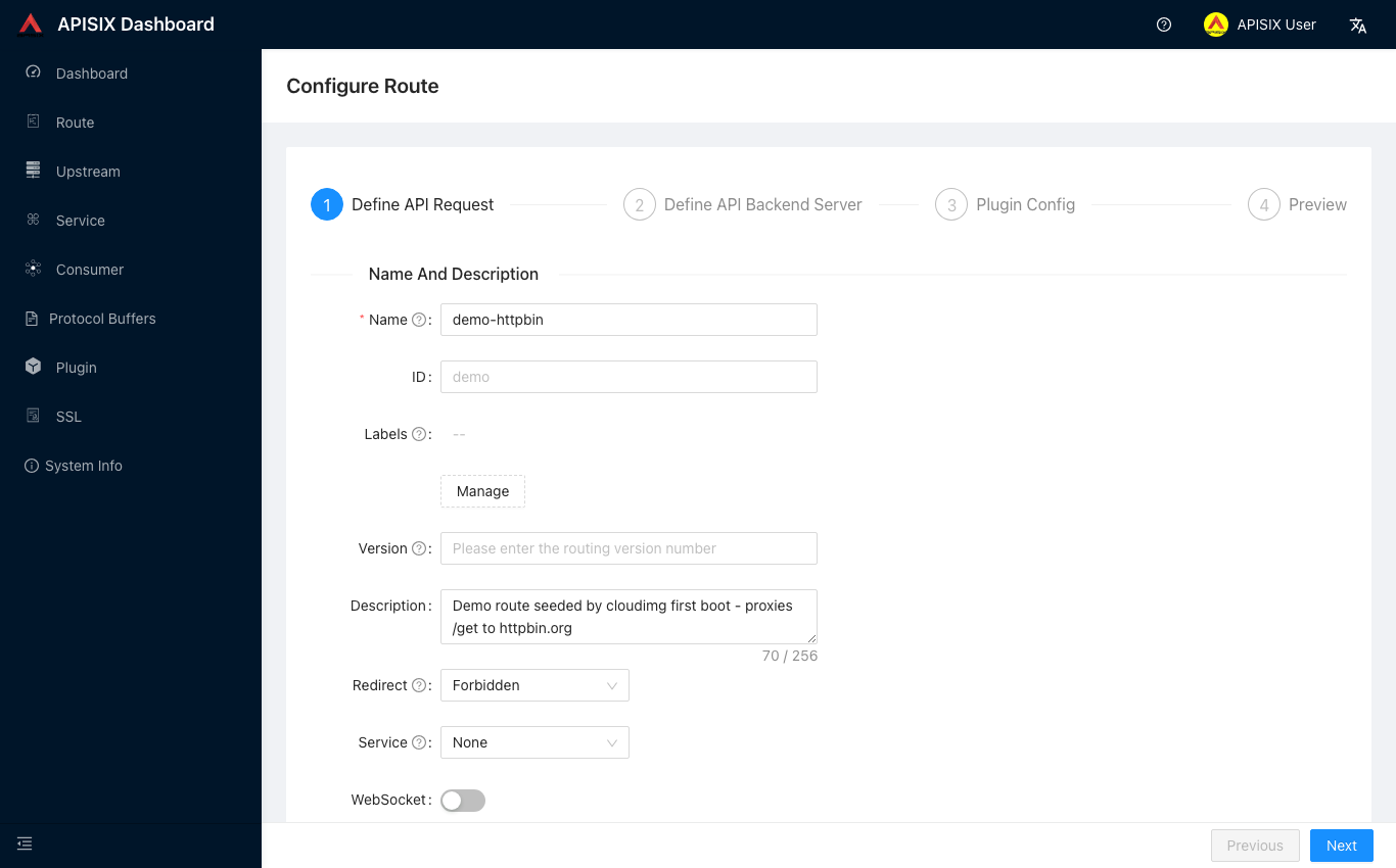 The APISIX Dashboard route configuration detail