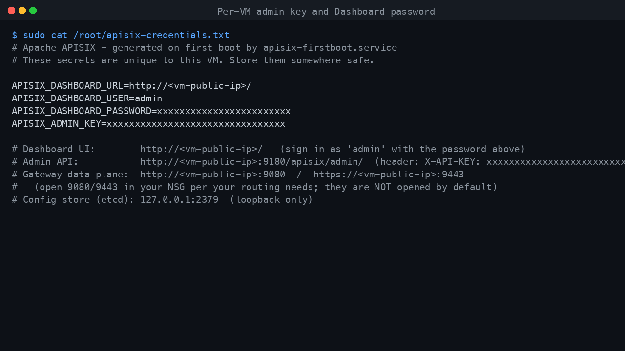 Per-VM admin key and Dashboard password
