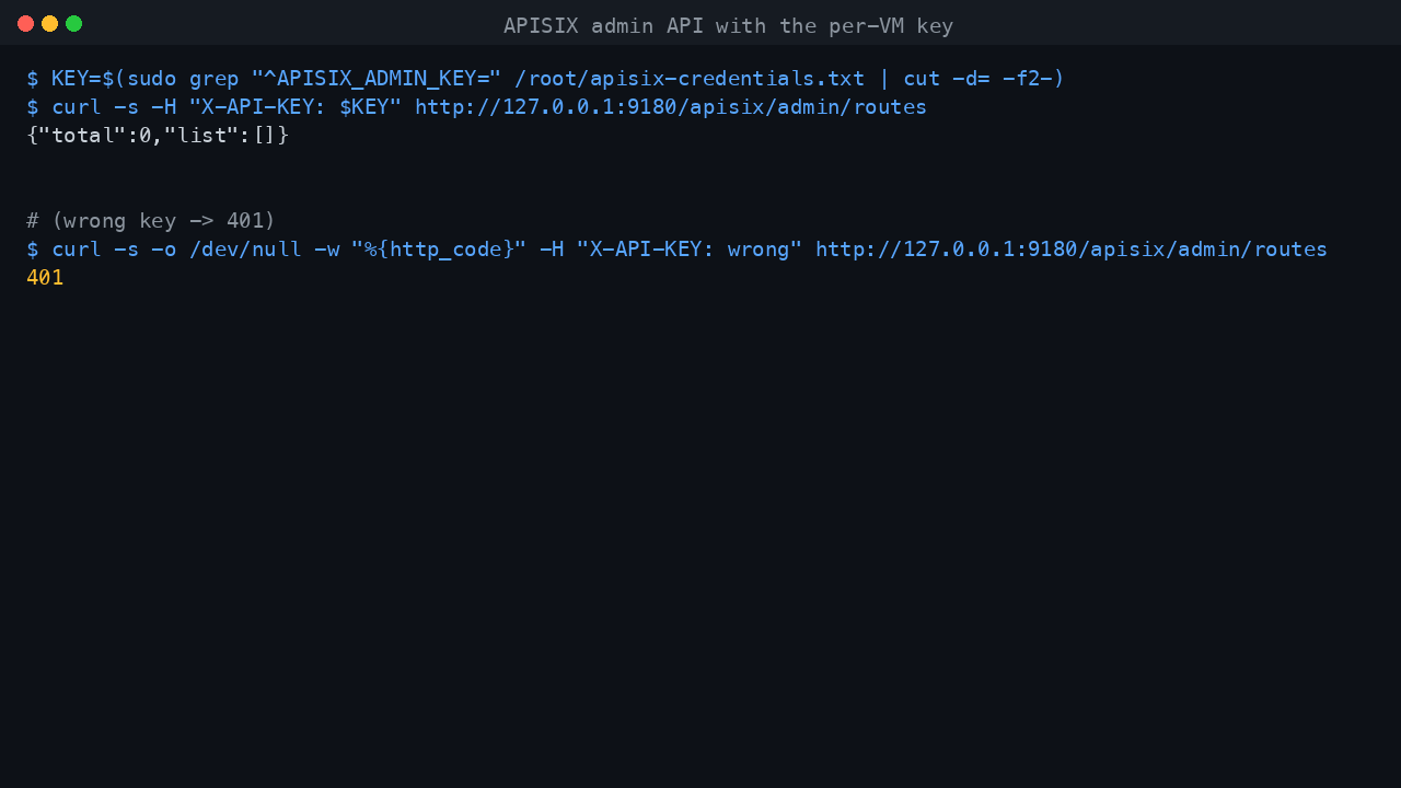 Admin API route list with the per-VM key