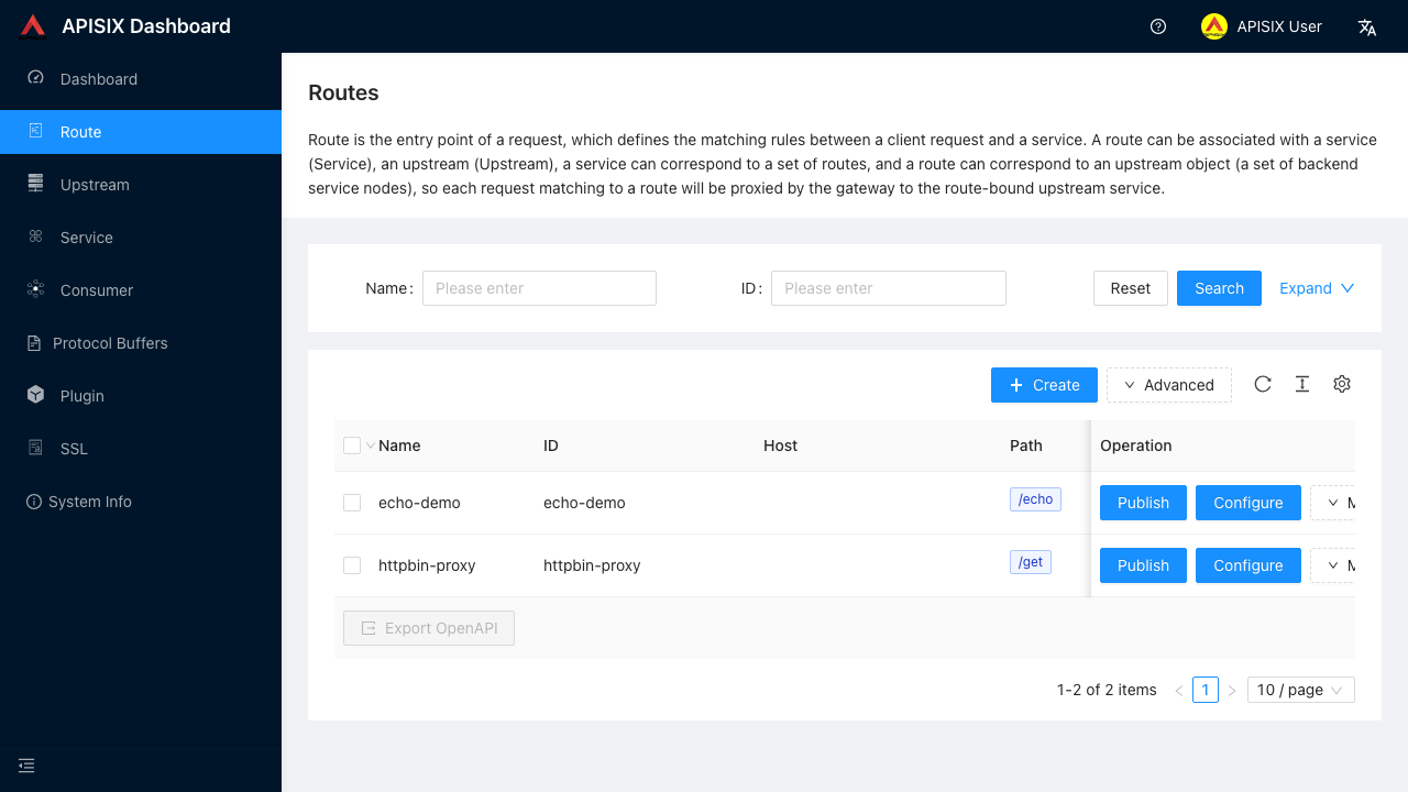 APISIX Dashboard routes list after sign-in
