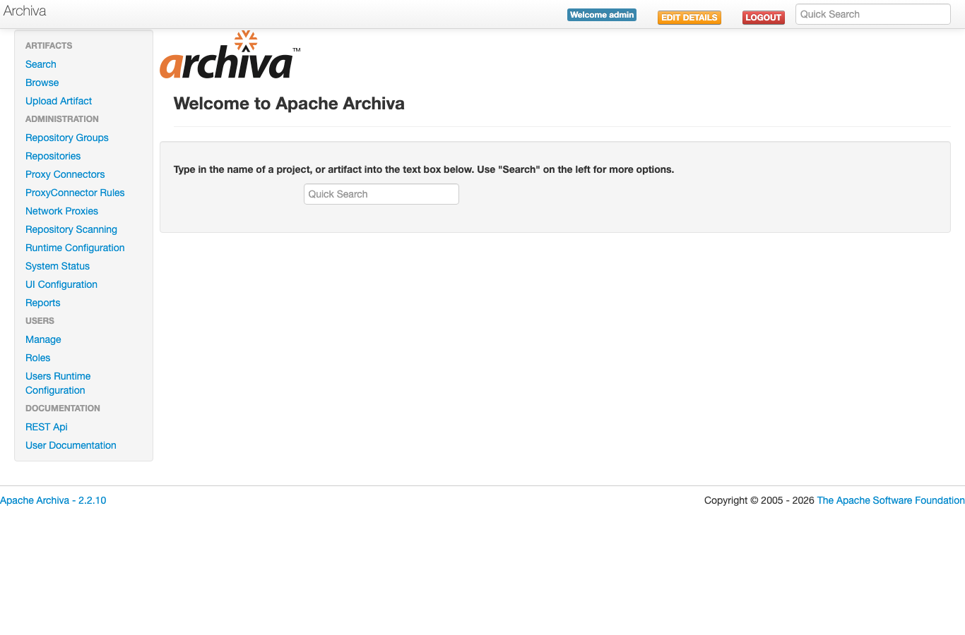 Apache Archiva administration menu