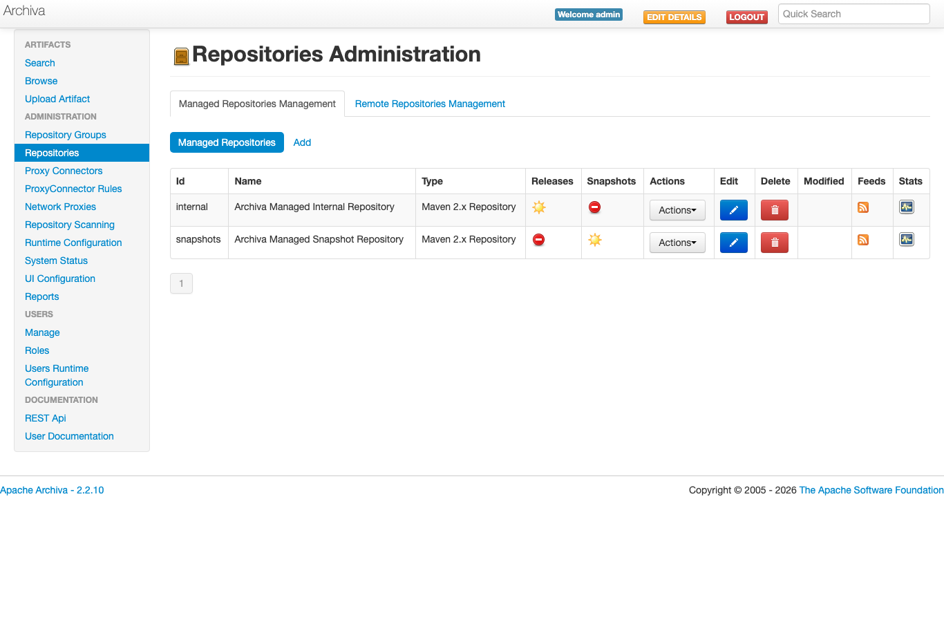 Apache Archiva repositories administration