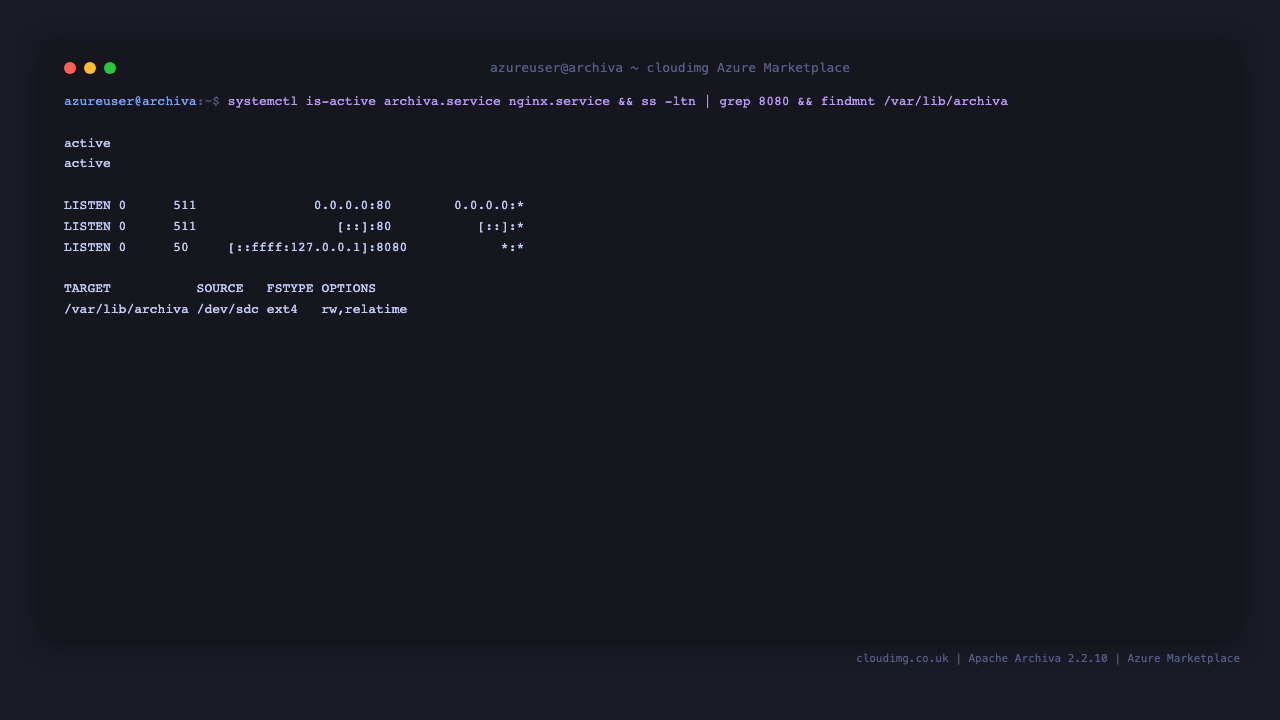 archiva.service and nginx.service active, the loopback connector on 8080, and the dedicated data disk mounted at /var/lib/archiva