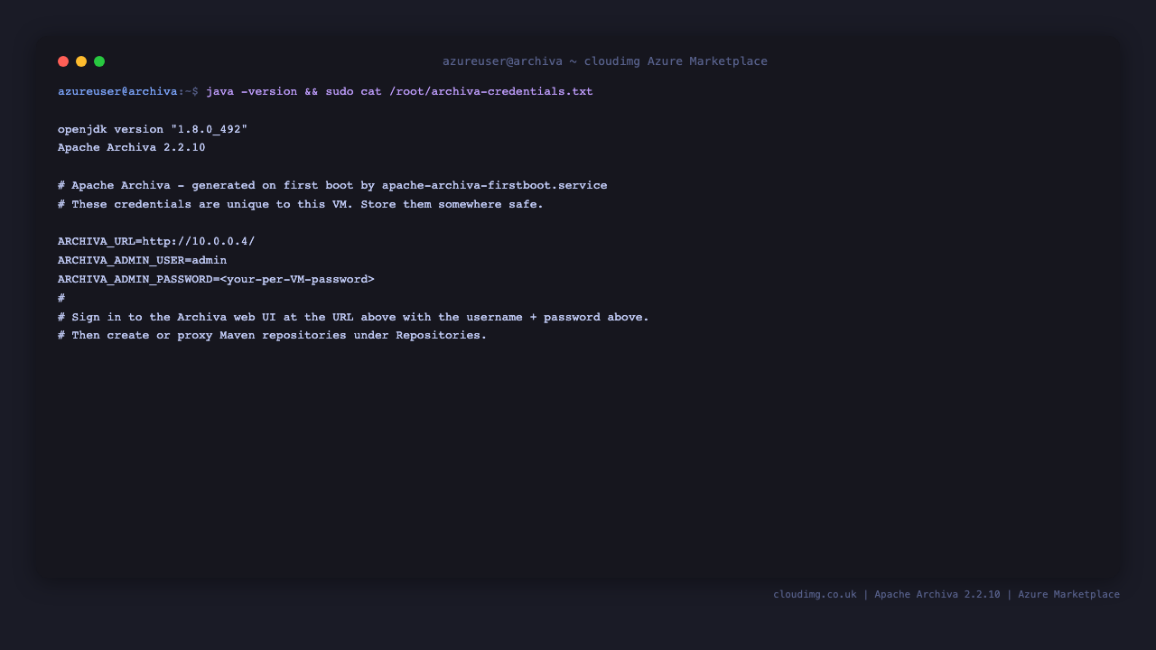OpenJDK 8 and Apache Archiva version, and the per-VM admin credentials file