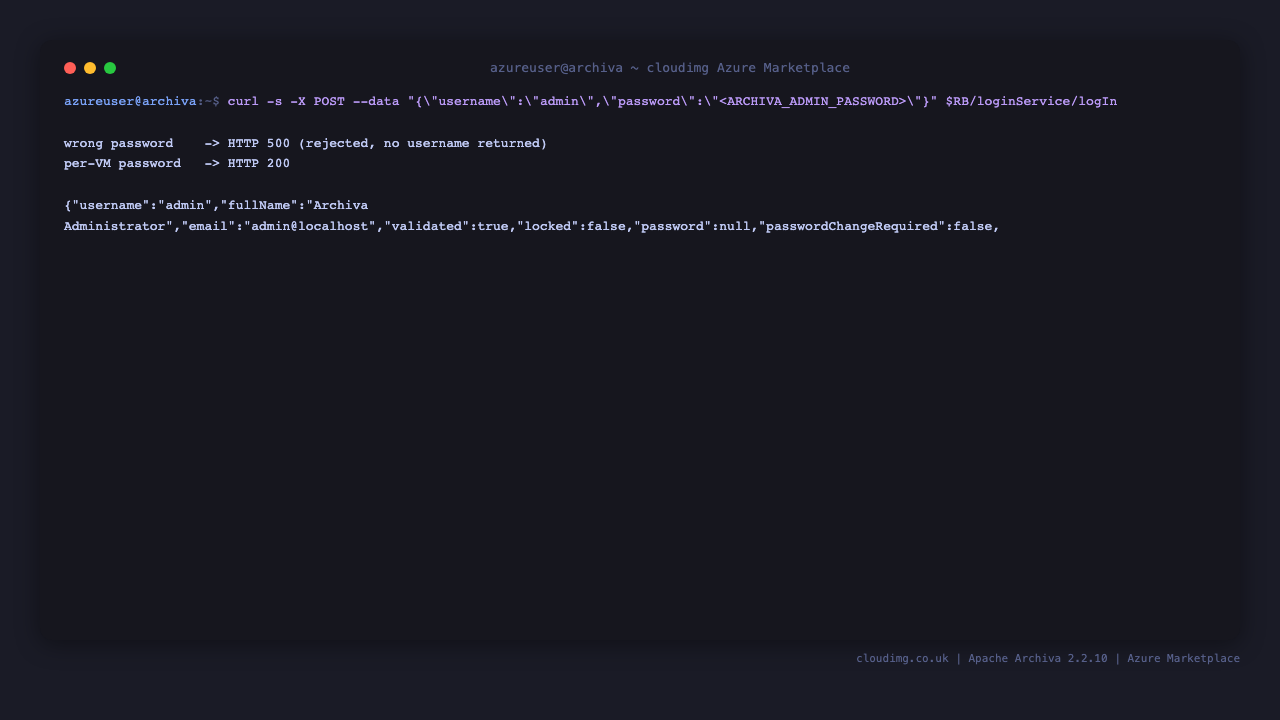 The redback REST login round-trip - wrong password rejected, per-VM admin returns the admin user record