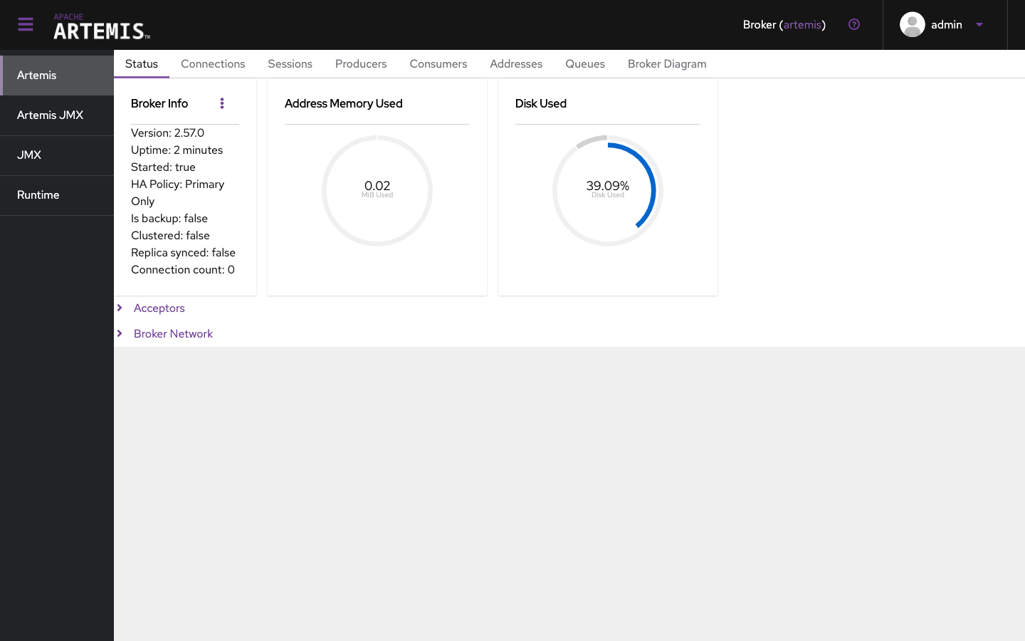 The Status tab showing Apache Artemis version 2.57.0, clustered false, address memory and disk used