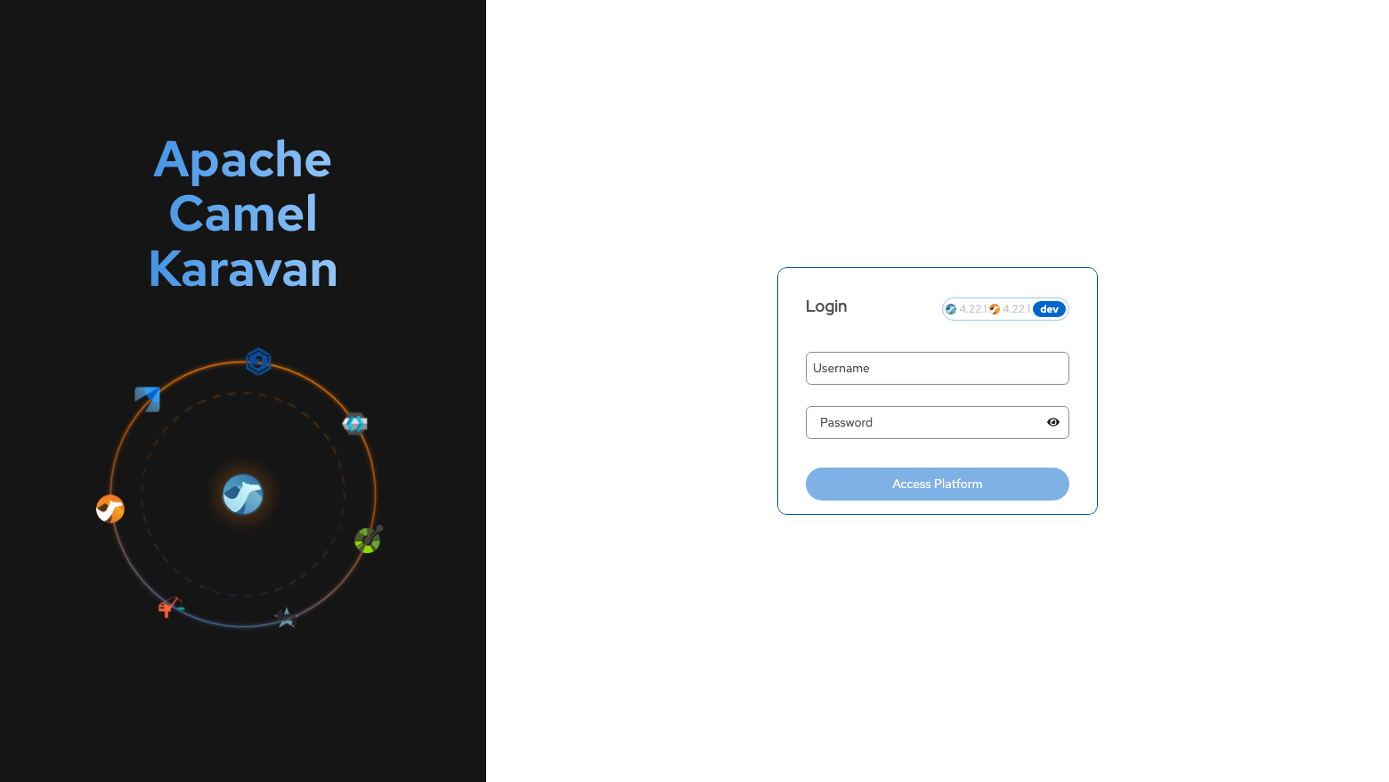 The Apache Camel Karavan 4.22.1 sign-in page with username and password fields and the Access Platform button, shown after the per-instance access gate