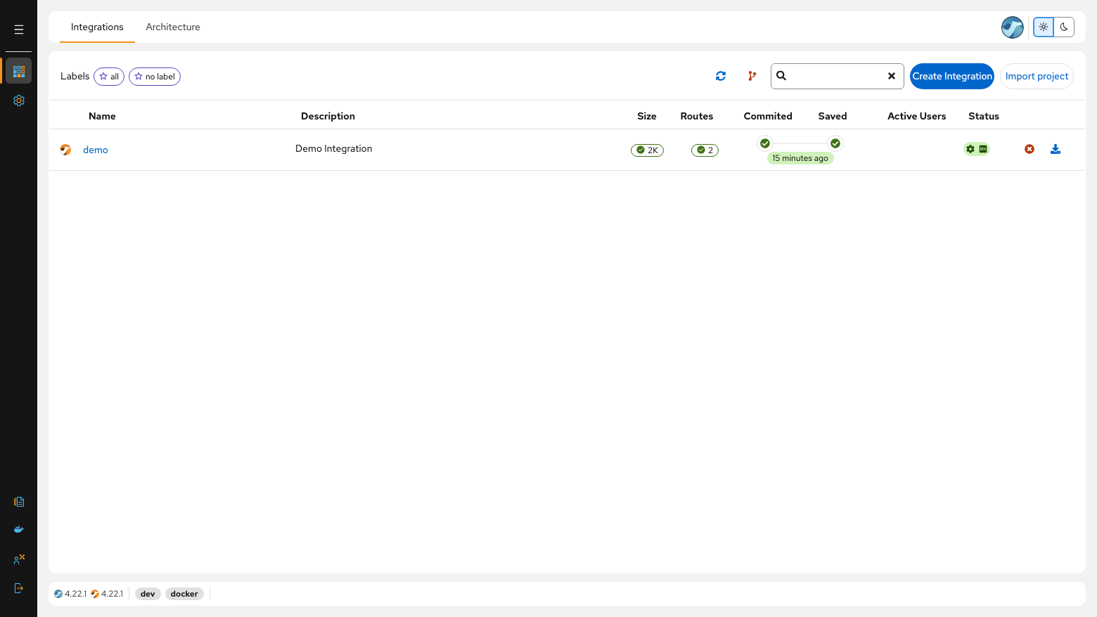 The Karavan Integrations page listing the demo project with two routes, committed and saved, and the Create Integration and Import project buttons