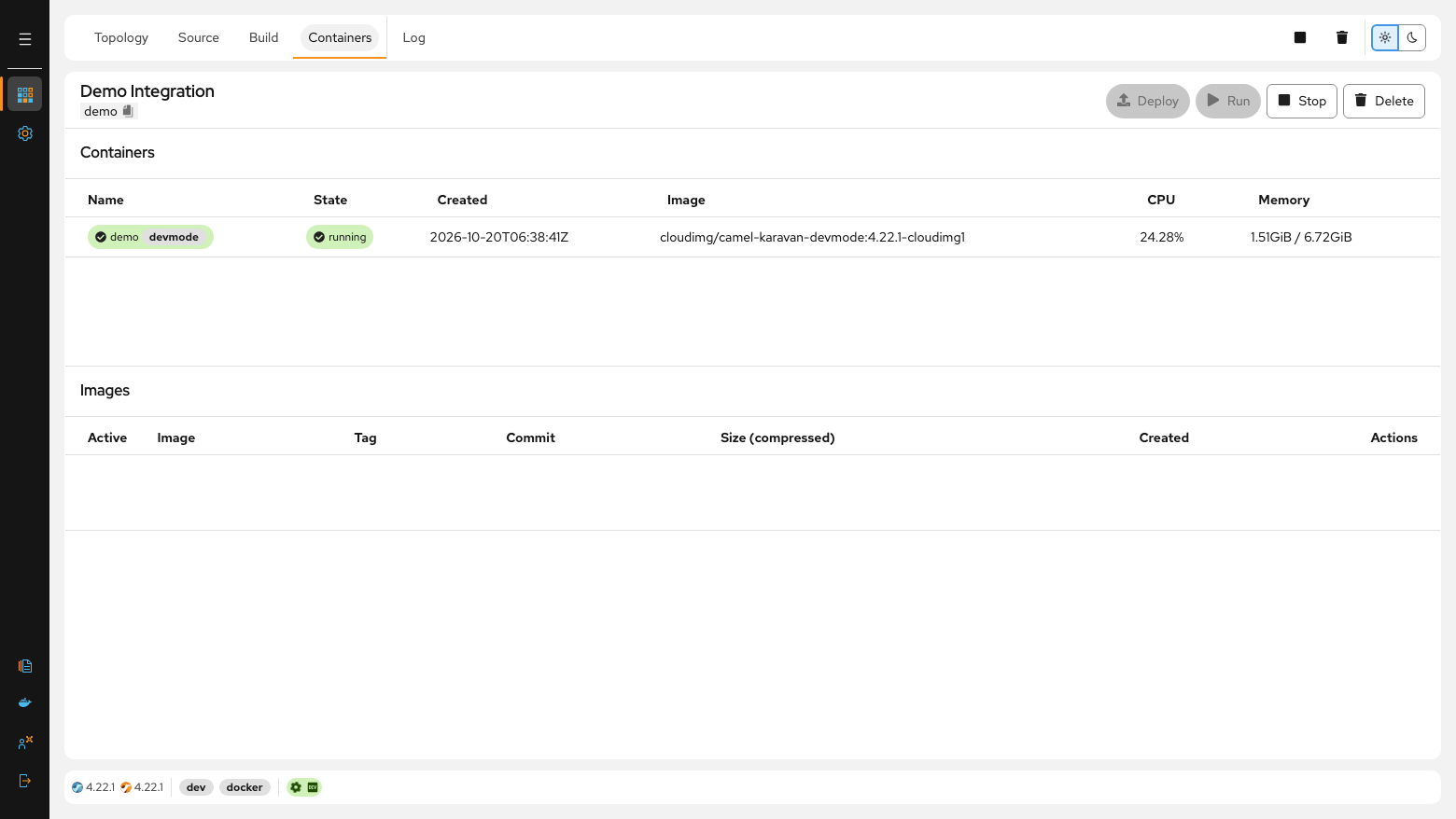 The Karavan Containers tab for the demo project showing the demo developer-mode container running from the cloudimg devmode image with its CPU and memory use, and the Run, Stop and Delete buttons