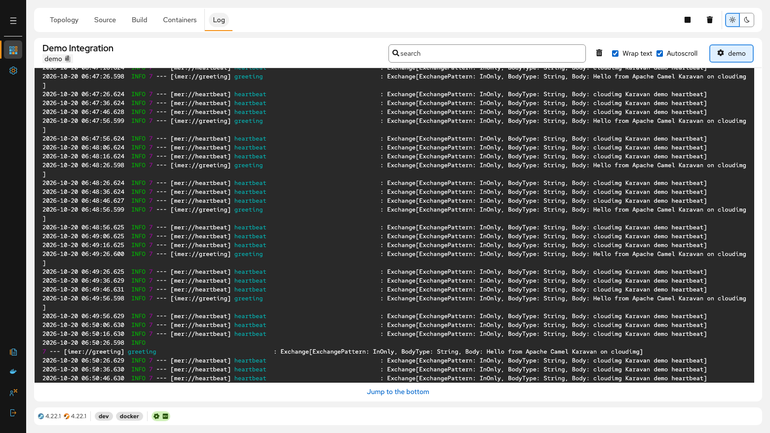 The Karavan Log tab streaming the demo integration's log, with the heartbeat route logging cloudimg Karavan demo heartbeat every 10 seconds and the greeting route logging Hello from Apache Camel Karavan on cloudimg