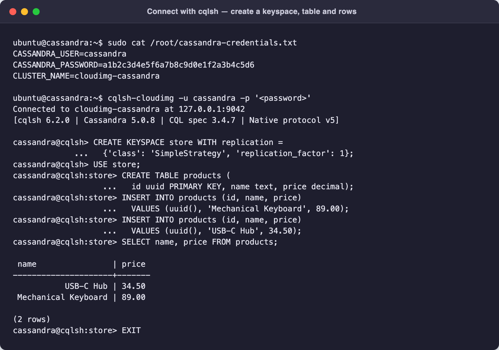 A cqlsh session creating a keyspace and table, inserting rows and reading them back