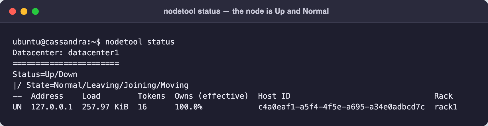 nodetool status showing the node Up and in a Normal state