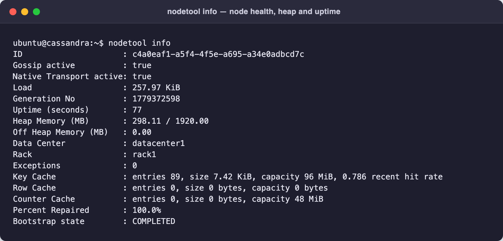 nodetool info reporting node health, heap memory and uptime
