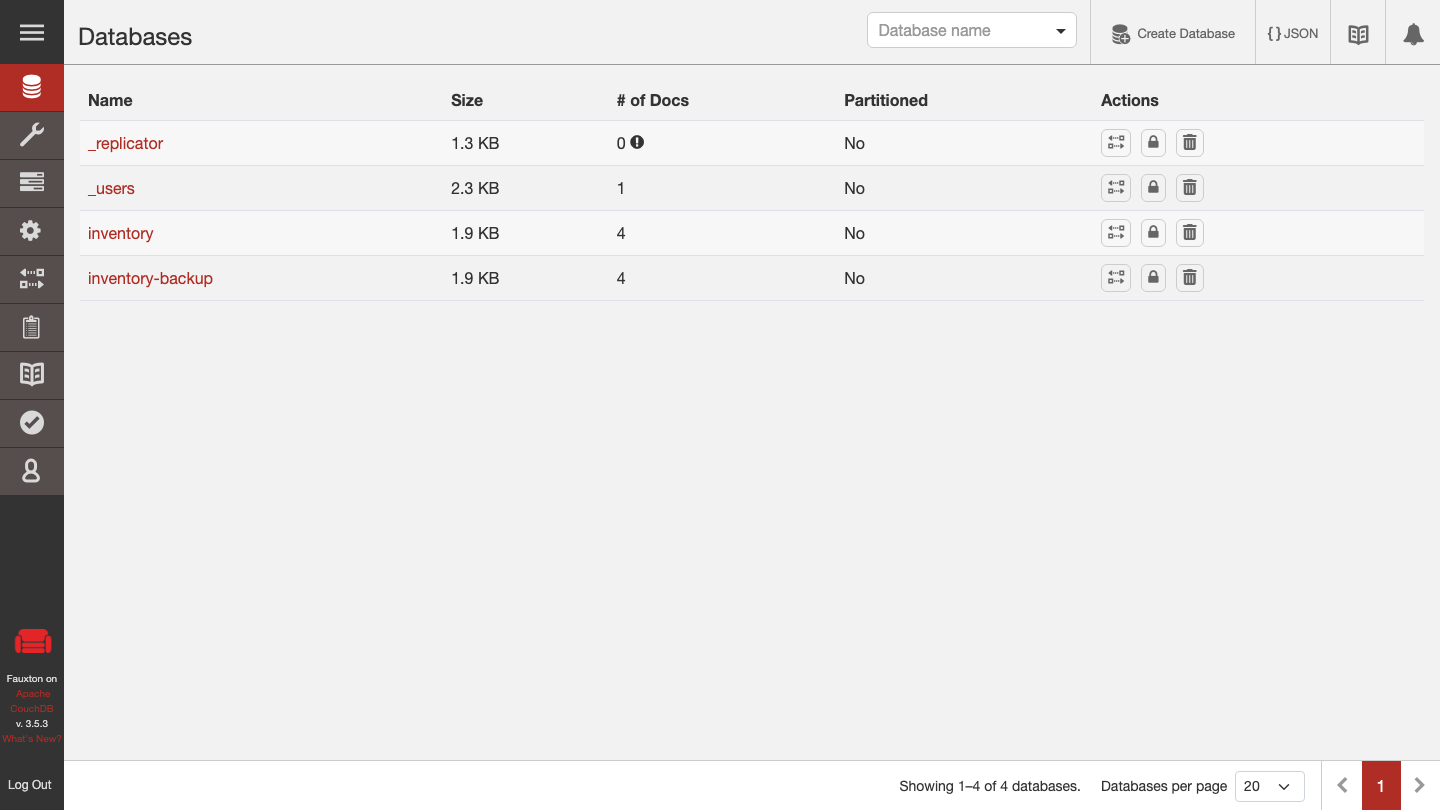 Fauxton, the Apache CouchDB 3.5.3 admin UI served by the cloudimg image over HTTPS, listing the _replicator, _users, inventory and inventory-backup databases with their sizes and document counts