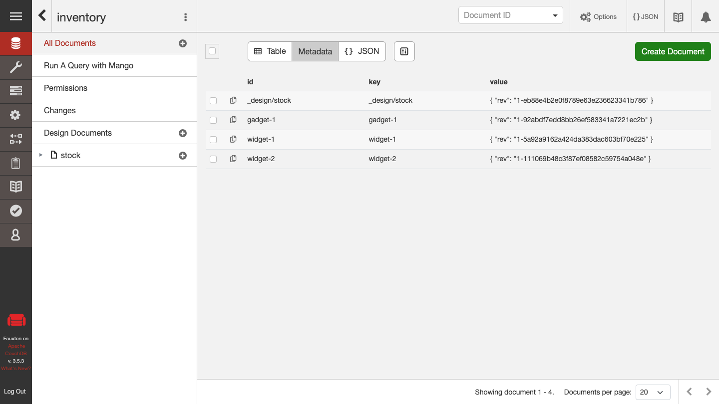 The Fauxton All Documents view of the inventory database, listing the design document and the three example documents with their revisions