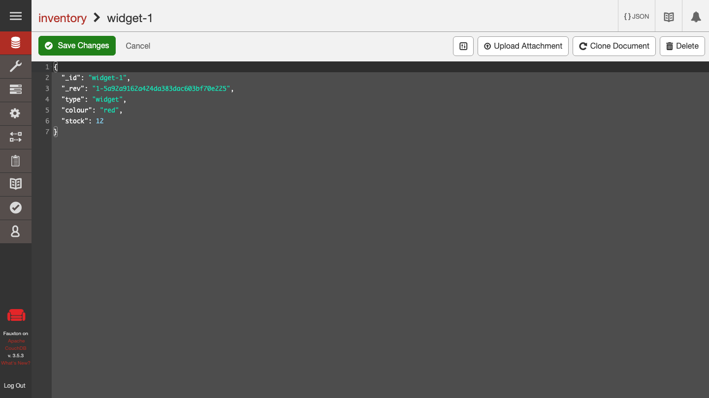 The Fauxton document editor showing the widget-1 JSON document with its id, revision, type, colour and stock fields