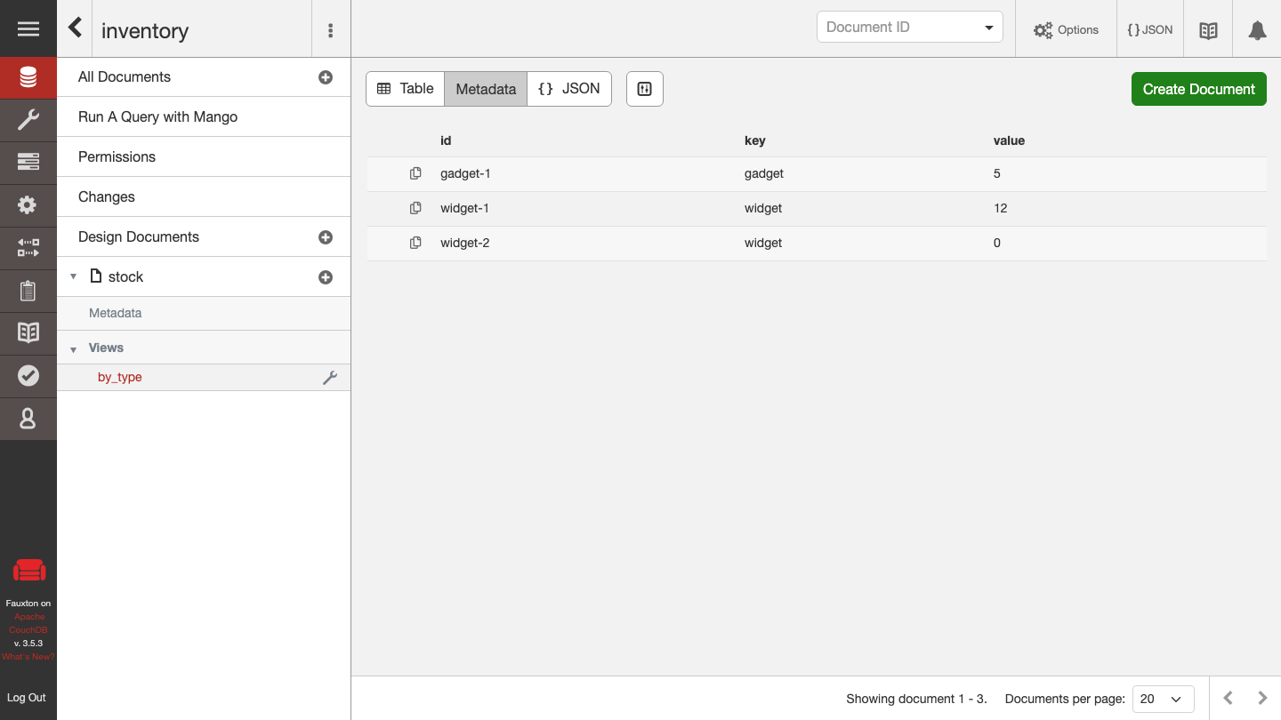 The Fauxton view results for the by_type view of the stock design document, listing each document with its type as the key and its stock as the value