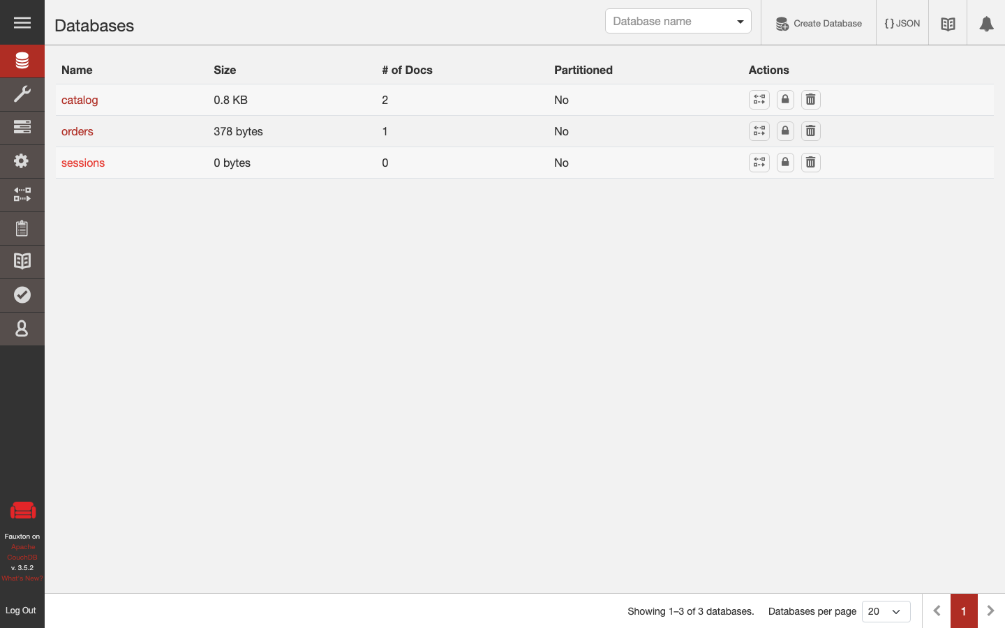 Apache CouchDB Fauxton all-databases overview