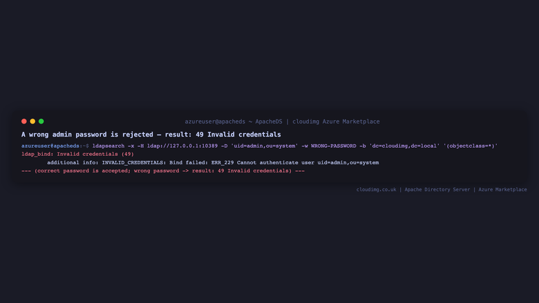 A wrong admin password is rejected - result 49 Invalid credentials