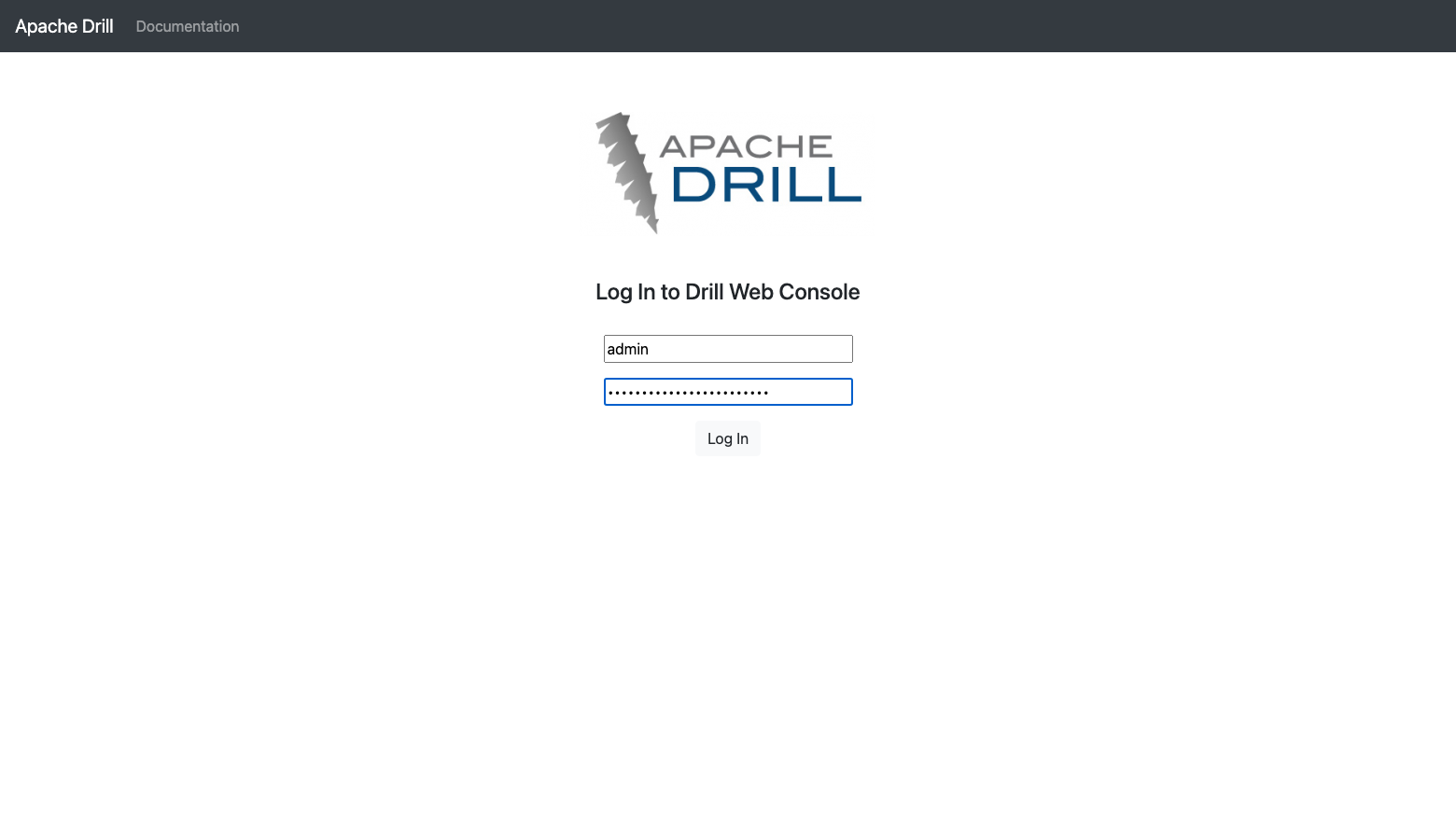 The Apache Drill Log In to Drill Web Console page with the admin user name and a masked password entered