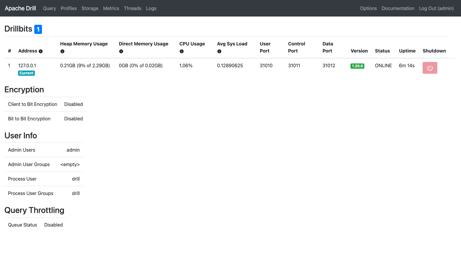 The Drill home page showing one ONLINE drillbit at 127.0.0.1 running 1.20.0, the user, control and data ports, and User Info with Admin Users admin